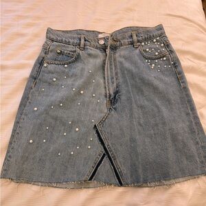 Zara Blue Denim Skirt with Pearl Details